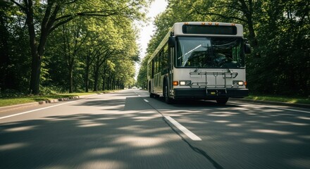 Fototapeta premium White city bus on a sunny road lined with trees