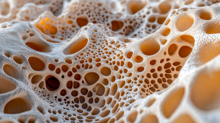 A close-up examination reveals the fascinating texture of spongy bone, showcasing its porous architecture essential for structural support in skeletal biology
