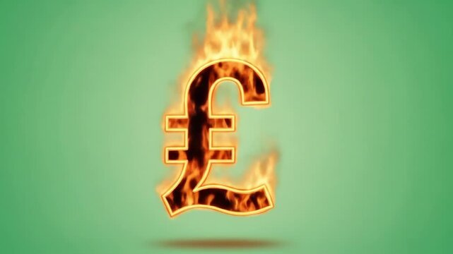 Fiery Currency Symbol - This video features a stylized pound sterling symbol engulfed in flames, set against a soft green background.