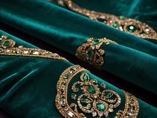 Elegant Emerald Green Velvet Fabric with Intricate Gold Embroidery Detailing for Luxury Fashion and Interior Design