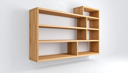 Light-colored wooden wall shelf with multiple compartments
