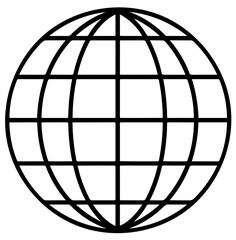 A simple black and white illustration of a globe, showing a grid of lines representing longitude and latitude.