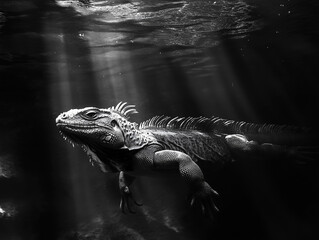 
A Black and White Photograph of an Iguana Swimming Underwater
수중에서 헤엄치는 이구아나의 흑백 사진