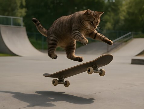 Skilled Cat Performing Mid Air Skateboarding Trick in Urban Skatepark Captured in Action Moment