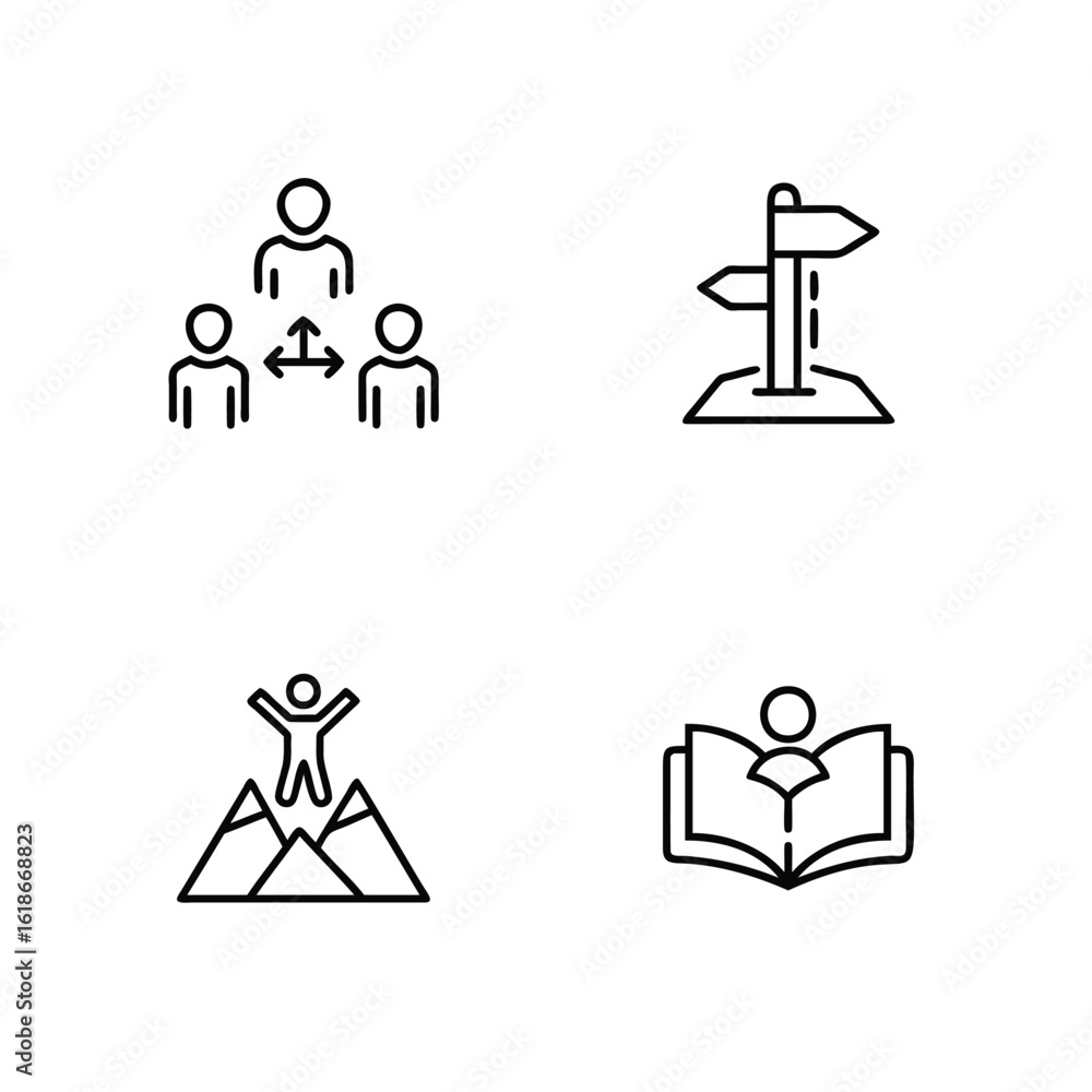 Poster four simple line art icons showing teamwork direction success learning vector