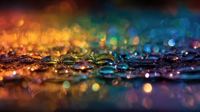 Vibrant water droplets on a dark surface, illuminated by colorful bokeh lights, creating a mesmerizing, abstract, and slightly surreal effect