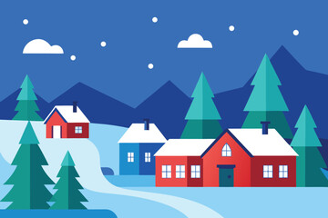  a picturesque winter village at night, featuring snowcovered houses, glowing windows, and evergreen trees under a starry, cloudy sky vector illustration