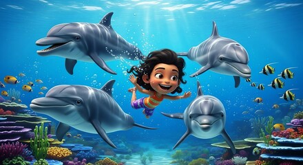 3D cartoon of a child swimming with dolphins in the blue ocean water