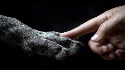 Connection Between Human Hand and Animal Paw Depicted in Touching Moment of Trust and Bonding in Dark Setting
