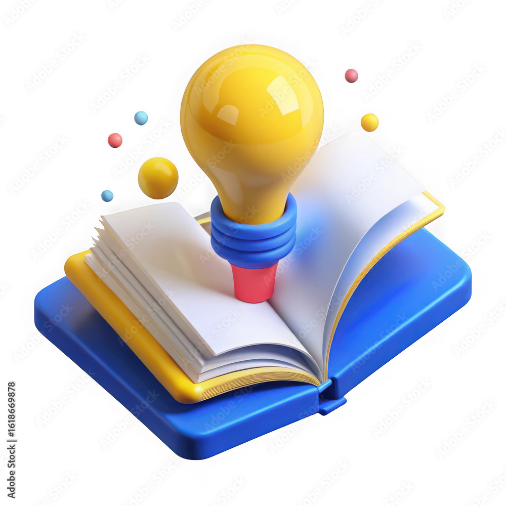 Aufkleber 3d illustration of a yellow lightbulb emerging from an open book isolated on transparent background