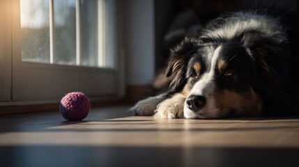 Thoughtful Dog Waiting for Playtime with Colorful Toy in Sunlit Room