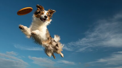 Joyful Dog Leaping in Air to Catch Frisbee in Clear Blue Sky with Clouds