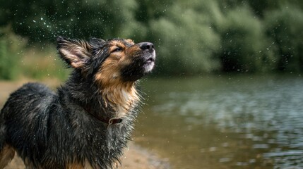 Happy Dog Shaking Off Water After a Swim in a Tranquil Natural Setting with Green Background