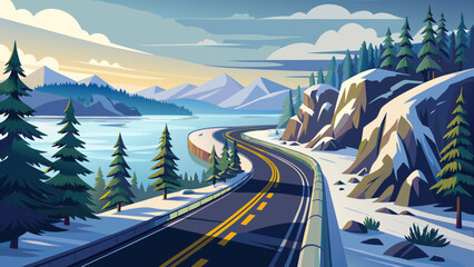 In travelling the Island Highway in winter; Vancouver Island, British Columbia, Canada, quiet landscapes unfold beneath pale skies. Semi-realistic textures show frost-covered pines, gentle slopes, and