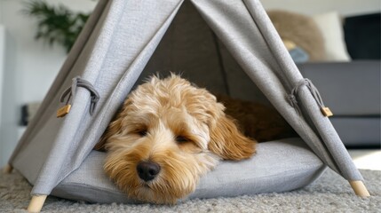 Cozy Dog Sleeping Inside Stylish Tent with Comforting Gray Fabric and Soft Cushions
