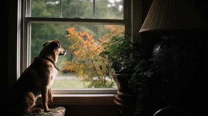Thoughtful Dog Gazes Out the Window Surrounded by Nature and Indoor Greenery in Warm Sunlight
