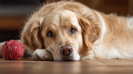 Adorable golden retriever resting with a red toy in a cozy indoor setting, showcasing warm home atmosphere
