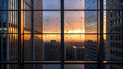 Morning light and the beginning of urban life. A sunset view through a rain-speckled office window in a cityscape.