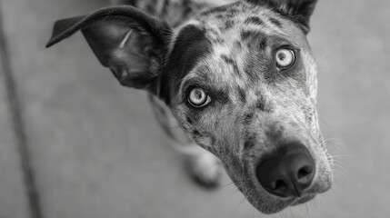 Close-up of a curious dog with unique coat patterns and bright eyes staring directly into the camera in black and white