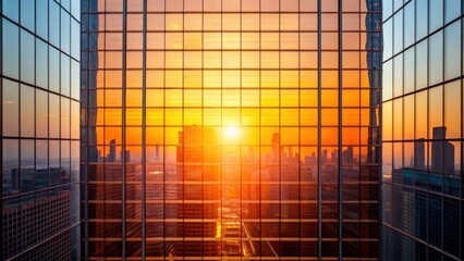 Morning light and the beginning of urban life. Sunset viewed through glass windows of a skyscraper, showcasing an urban skyline.