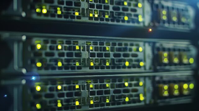 Close-up of Ethernet switch and cables with blinking lights
