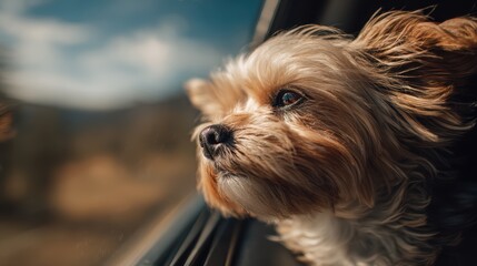 Adorable small dog with wind-blown fur looking out of car window on a sunny day during a road trip adventure
