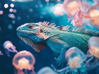 
A Dreamy Underwater Scene with a Green Iguana and Floating Jellyfish
녹색 이구아나와 떠다니는 해파리가 있는 몽환적인 수중 장면