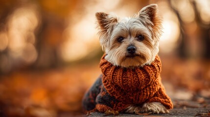Adorable Yorkshire Terrier Dog Wearing Knit Sweater in Autumn Leaves Against a Soft Blurred Background