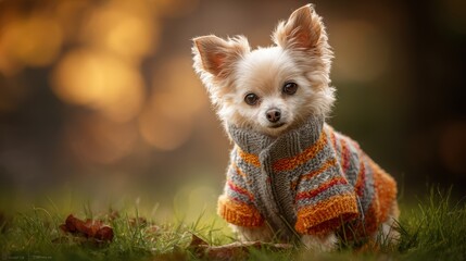 Cute small dog in cozy sweater sits on grass with warm bokeh background and autumn leaves in the soft sunlight