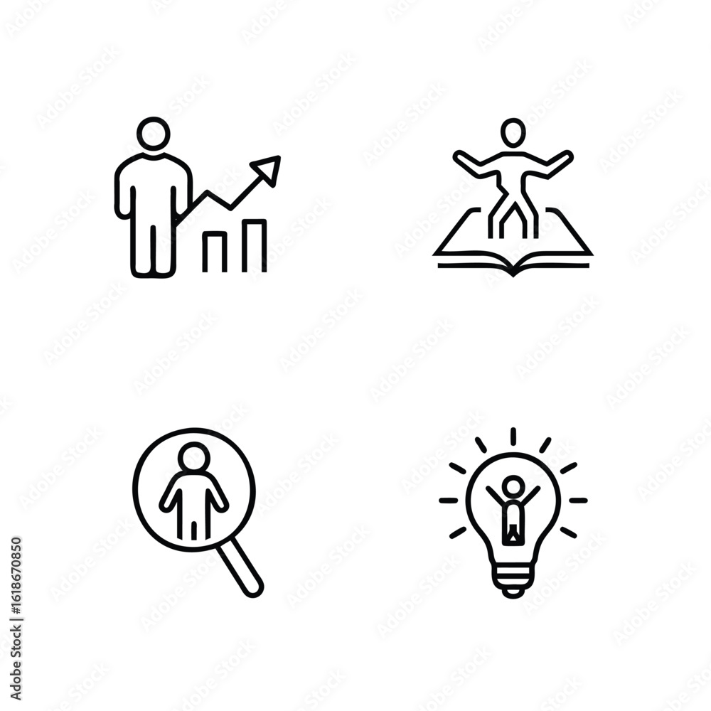 Poster four simple line icons showing personal growth development concepts chart arrow