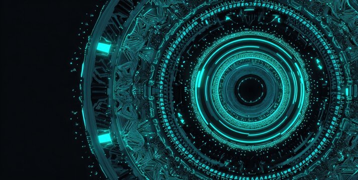 Teal, glowing, circular, technological design with intricate detailing, concentric rings, and a dark background