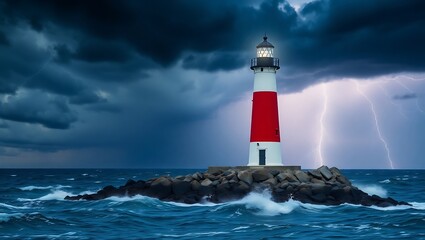 A lighthouse with red stripes on a rocky island during a thunderstorm with lightning in the background | national beach day