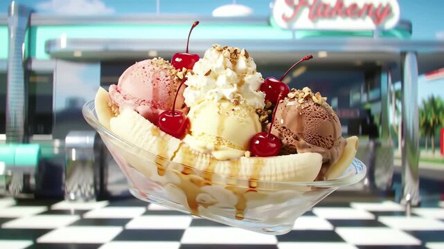 Banana split with ice cream cherries and nuts in a glass bowl against a diner background