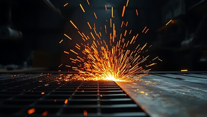 Dramatic industrial scene with fiery orange sparks rising against a dark workshop backdrop, intense lighting from above.