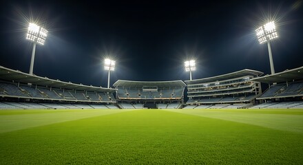 Illuminated empty cricket stadium at night with artificial lighting