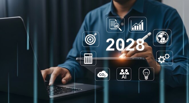 Business strategy planning for year 2028 with ai and technology development and financial growth - Powered by Adobe