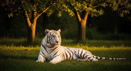 White tiger resting in grassy field, golden light, trees in background