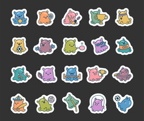 Dumbo octopus sport kawaii character set showing different with medals, trophies, racket, dumbbells, barbells, balls, swimming, hockey, football, volleyball, baseball, fitness for your projects