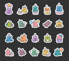 Dumbo octopus birthday kawaii character set with party hat, balloons, cake, candles, gifts, confetti, sparkler and festive elements perfect for your illustration and creative designs projects