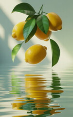 Yellow Lemons and Green Leaves Splashing into Water 