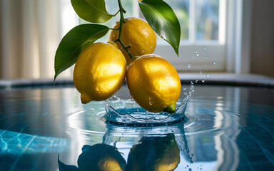 Yellow Lemons and Green Leaves Splashing into Water 