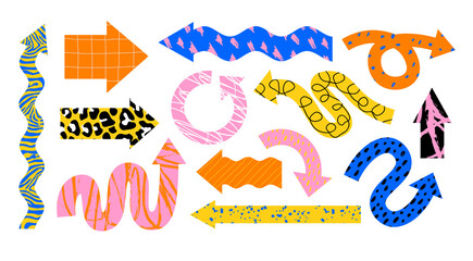 Various cartoon colorful playful arrow pointers set or collection in trendy sketch style. Vector illustration of dynamic arrow signs for infographic designs or presentation templates.	