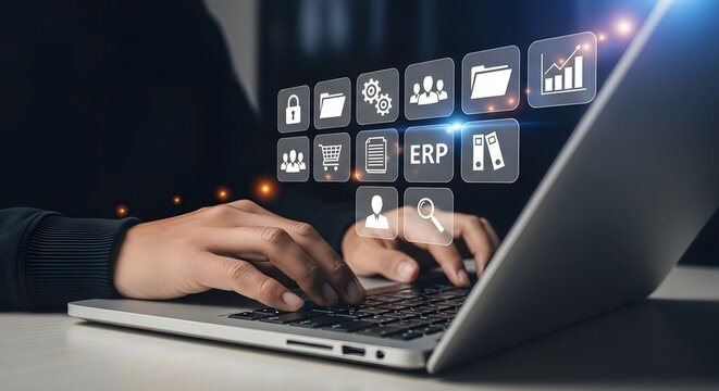 Enterprise resource planning erp system software solution for business management on laptop tech