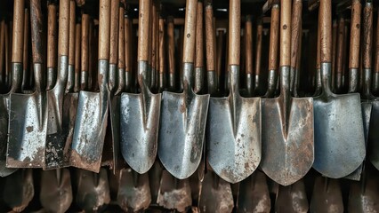 Shelf of arranged metal garden trowels with wooden handles hanging in rustic workshop, ideal for gardening tools store, outdoor projects, vintage background scene with natural earthy tones