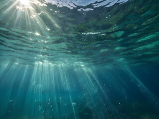 Tranquil Underwater Ocean Scene with Sunlight Rays Penetrating Clear Blue Water