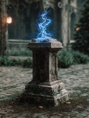 Weathered stone pedestal outdoors, glowing with ethereal blue energy, situated in a gothic-style courtyard