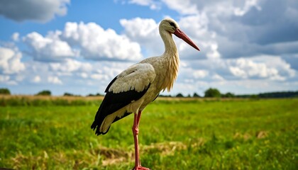 Fototapeta premium Stork in a field under a cloudy sky