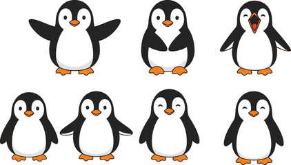 PrintCartoon penguins in fun poses, adorable vector characters for kids, playful penguin illustrations perfect for children’s books, decor, and designs