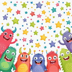 Obraz premium A group of cheerful, colorful cartoon monsters peeking out from below a shower of bright stars.