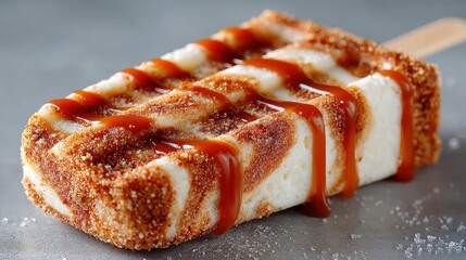 Delicious Caramel Drizzled Ice Cream Bar Dessert on a Stick Close Up